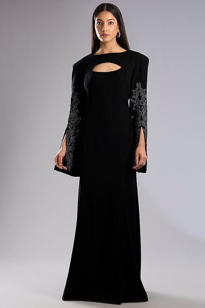 Black Crepe Embellished Bodycon Maxi Party Wear Dress by Rohit Gandhi & Rahul Khanna at Pernia's Pop Up Shop