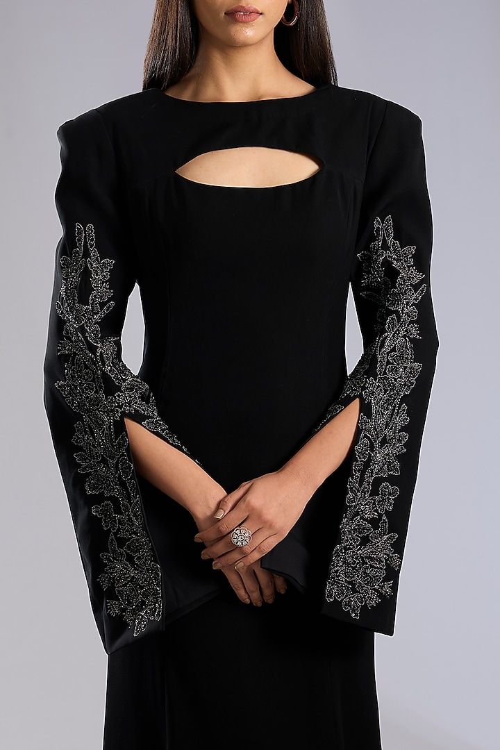 Black Crepe Embellished Bodycon Maxi Party Wear Dress by Rohit Gandhi & Rahul Khanna at Pernia's Pop Up Shop
