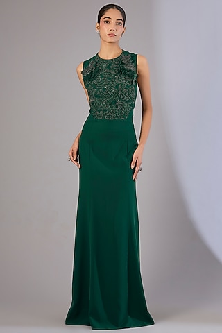 Emerald Green Crepe Hand Embellished Gown by Rohit Gandhi & Rahul Khanna