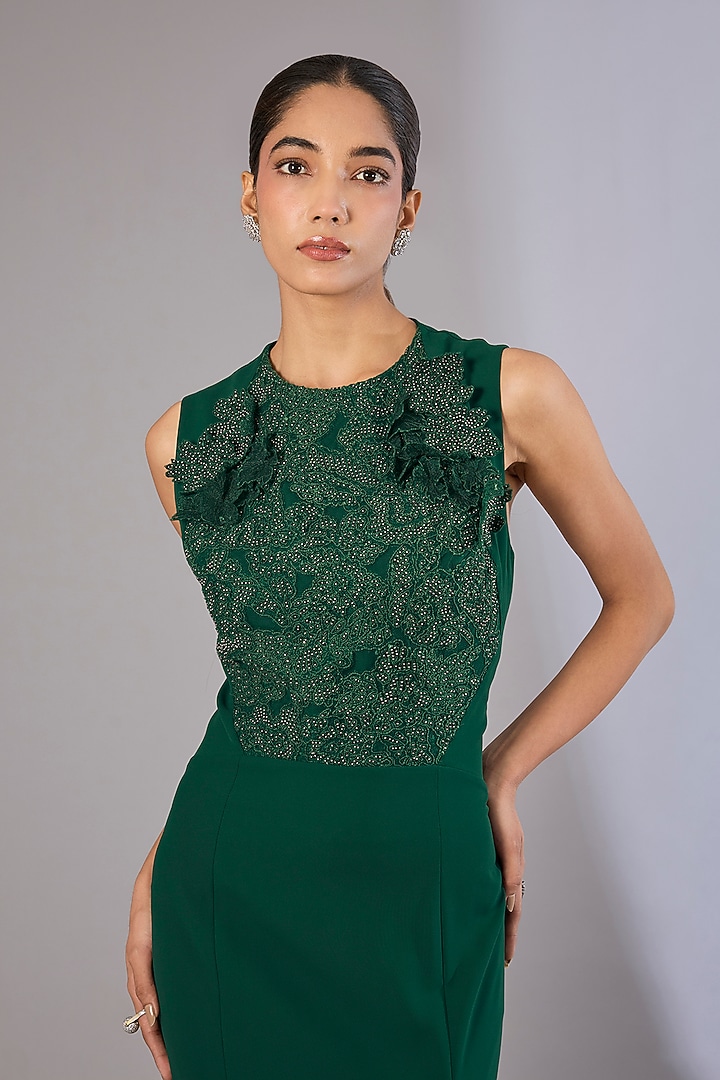 Emerald Green Crepe Hand Embellished Engagement Gown by Rohit Gandhi & Rahul Khanna at Pernia's Pop Up Shop