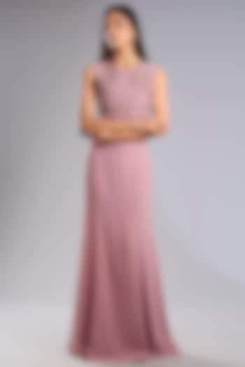 Swiss Rose Pink Crepe 3D floral Embroidered Maxi Party Wear Dress by Rohit Gandhi & Rahul Khanna at Pernia's Pop Up Shop