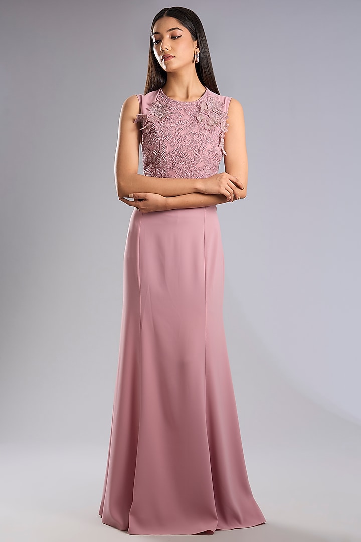 Swiss Rose Pink Crepe 3D floral Embroidered Maxi Party Wear Dress by Rohit Gandhi & Rahul Khanna at Pernia's Pop Up Shop