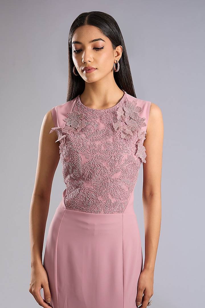 Swiss Rose Pink Crepe 3D floral Embroidered Maxi Party Wear Dress by Rohit Gandhi & Rahul Khanna at Pernia's Pop Up Shop