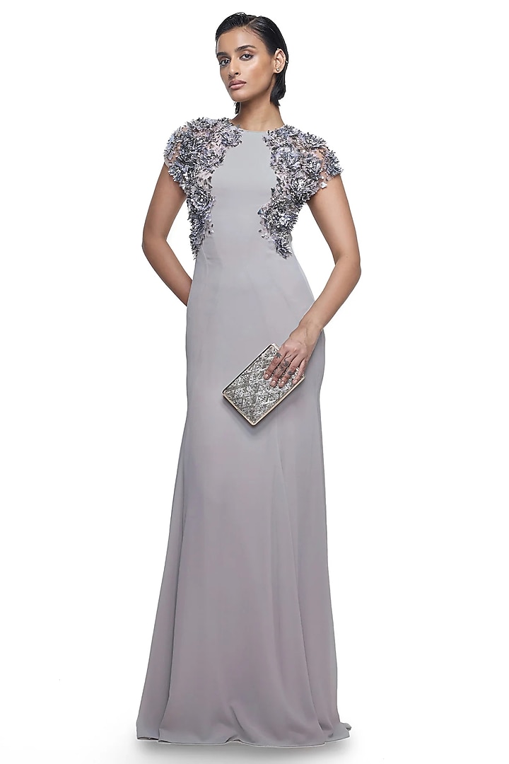 Frosted Pearl White Georgette 3D Embellished Engagement Gown by Rohit Gandhi & Rahul Khanna at Pernia's Pop Up Shop