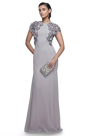 Frosted Pearl White Georgette 3D Embellished Gown by Rohit Gandhi & Rahul Khanna