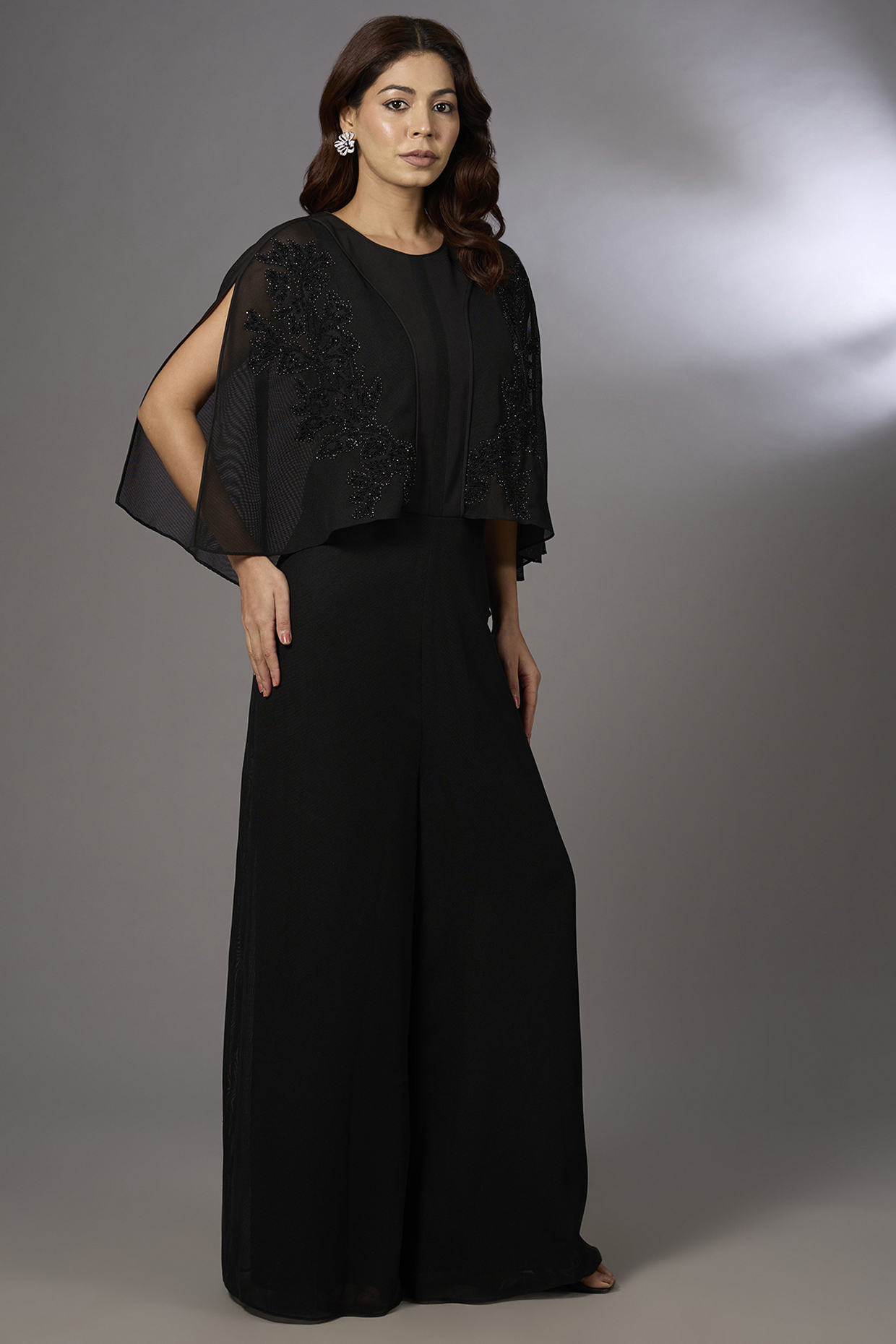 Black Georgette Embellished Jumpsuit by Rohit Gandhi & Rahul Khanna at Pernia's Pop Up Shop