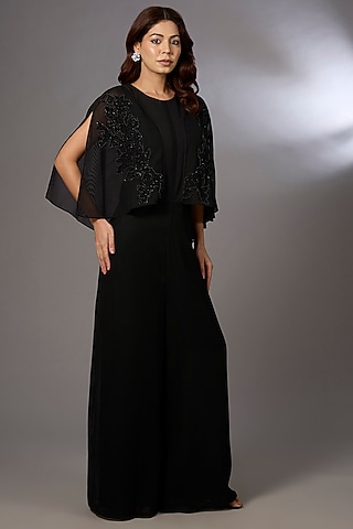 Black Georgette Embellished Jumpsuit by Rohit Gandhi & Rahul Khanna