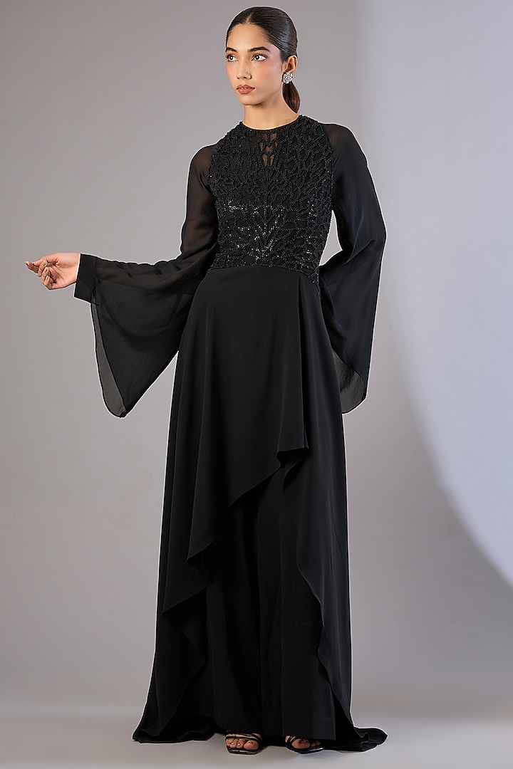 Black Georgette Floral Embellished Engagement Gown by Rohit Gandhi & Rahul Khanna at Pernia's Pop Up Shop