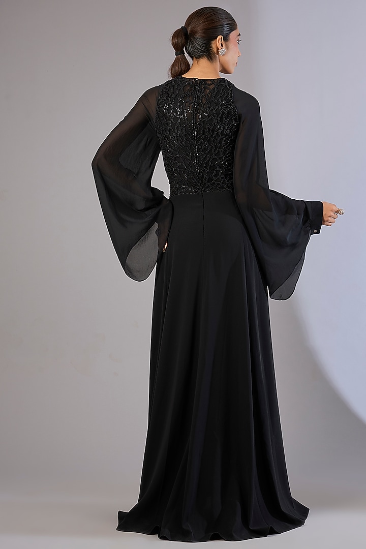 Black Georgette Floral Embellished Engagement Gown by Rohit Gandhi & Rahul Khanna at Pernia's Pop Up Shop
