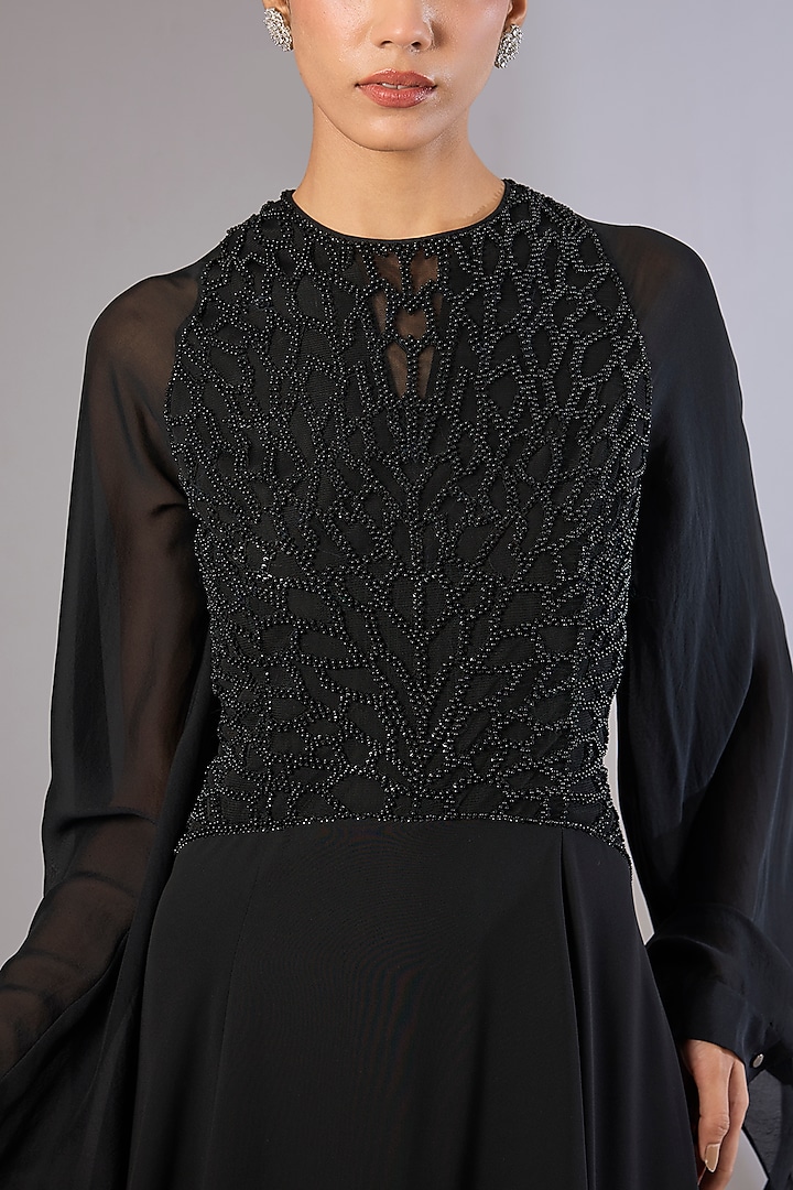 Black Georgette Floral Embellished Engagement Gown by Rohit Gandhi & Rahul Khanna at Pernia's Pop Up Shop