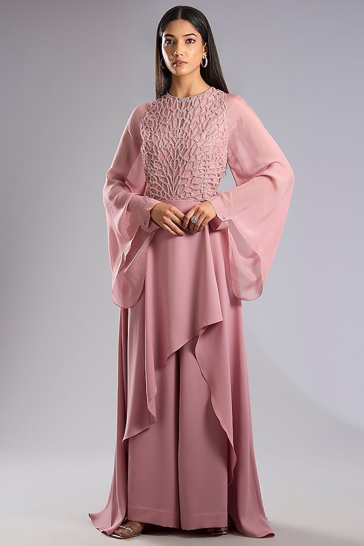Blush Pink Georgette Floral Embellished Kaftan Engagement Gown by Rohit Gandhi & Rahul Khanna at Pernia's Pop Up Shop