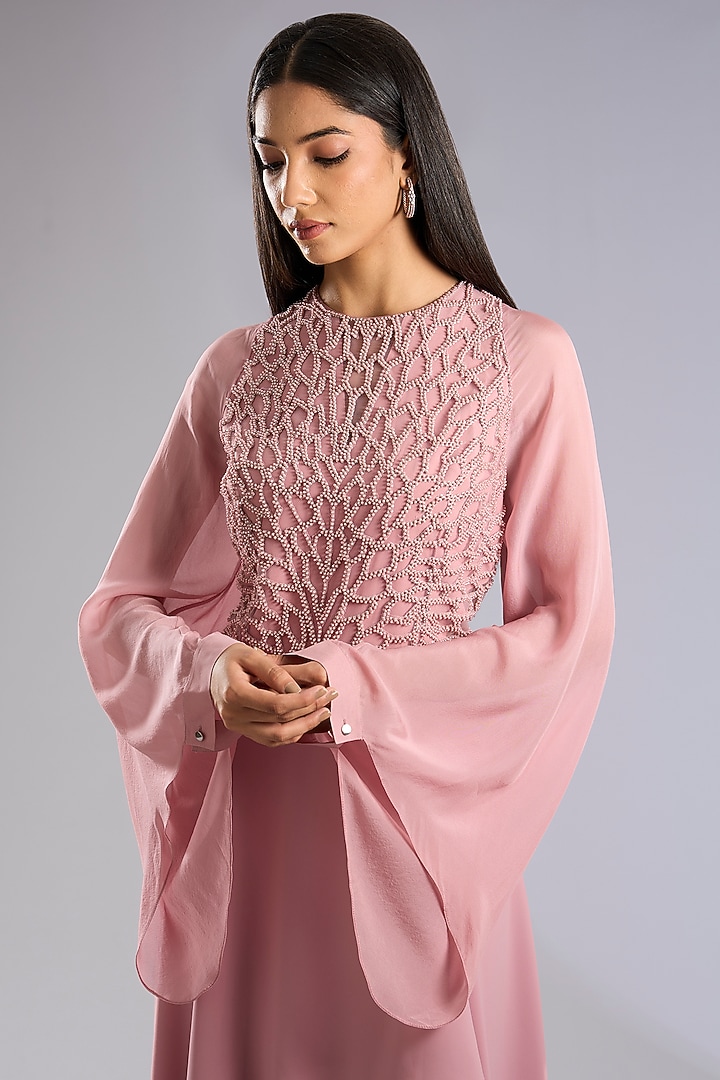 Blush Pink Georgette Floral Embellished Kaftan Engagement Gown by Rohit Gandhi & Rahul Khanna at Pernia's Pop Up Shop