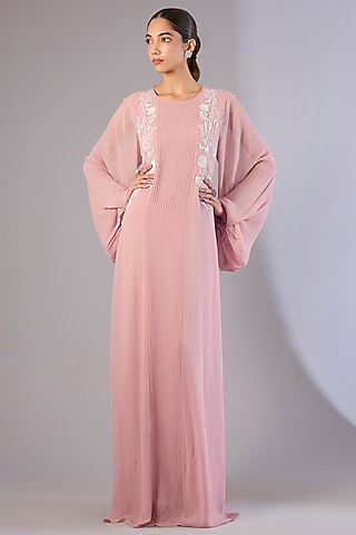 Swiss Rose Pink Silk Georgette Embroidered Kaftan by Rohit Gandhi & Rahul Khanna
