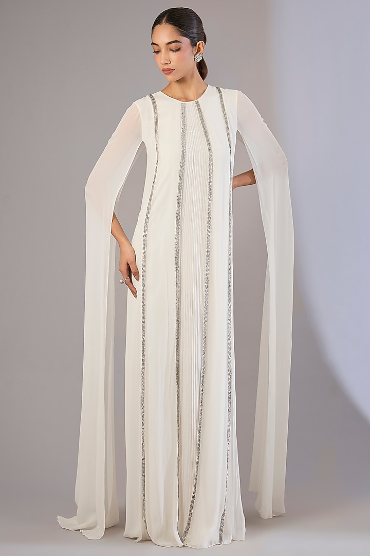 Ivory Crepe Embellished Kaftan by Rohit Gandhi & Rahul Khanna at Pernia's Pop Up Shop