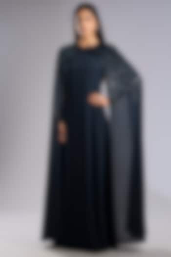 Storm Blue Georgette 3D Embroidered Party Wear Dress by Rohit Gandhi & Rahul Khanna at Pernia's Pop Up Shop