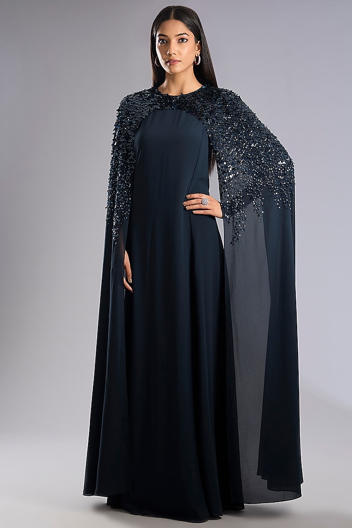 Storm Blue Georgette 3D Embroidered Party Wear Dress by Rohit Gandhi & Rahul Khanna at Pernia's Pop Up Shop