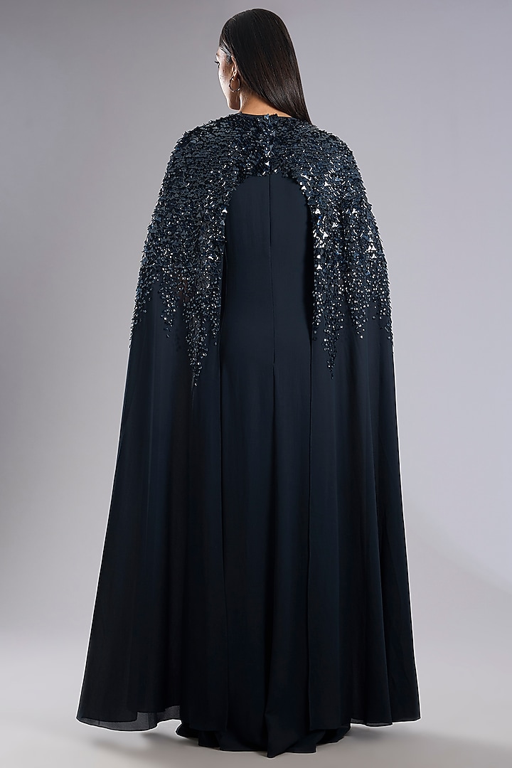 Storm Blue Georgette 3D Embroidered Party Wear Dress by Rohit Gandhi & Rahul Khanna at Pernia's Pop Up Shop