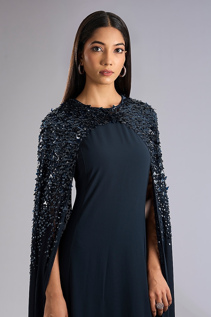 Storm Blue Georgette 3D Embroidered Party Wear Dress by Rohit Gandhi & Rahul Khanna at Pernia's Pop Up Shop