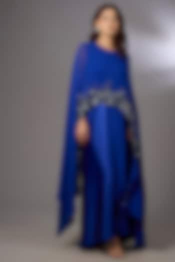 Electric Blue Chiffon Embellished Asymmetrical Party Wear Dress by Rohit Gandhi & Rahul Khanna at Pernia's Pop Up Shop