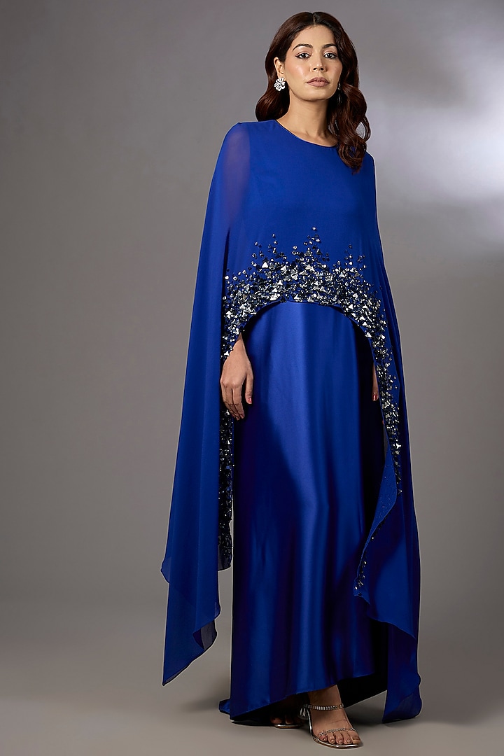 Electric Blue Chiffon Embellished Asymmetrical Party Wear Dress by Rohit Gandhi & Rahul Khanna at Pernia's Pop Up Shop