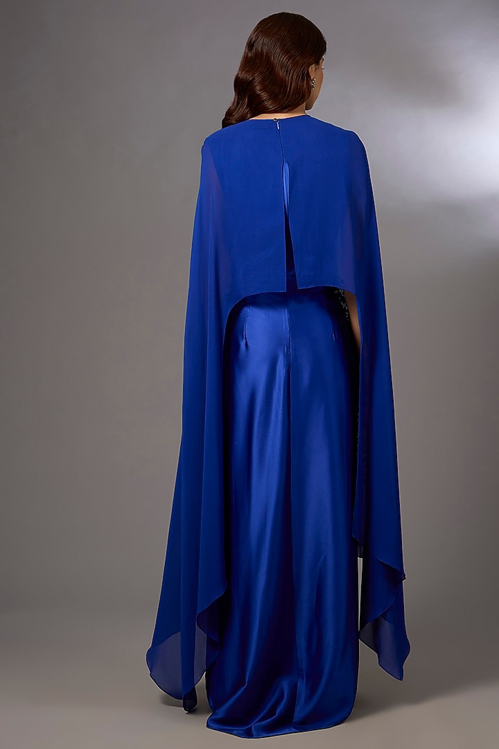 Electric Blue Chiffon Embellished Asymmetrical Party Wear Dress by Rohit Gandhi & Rahul Khanna at Pernia's Pop Up Shop