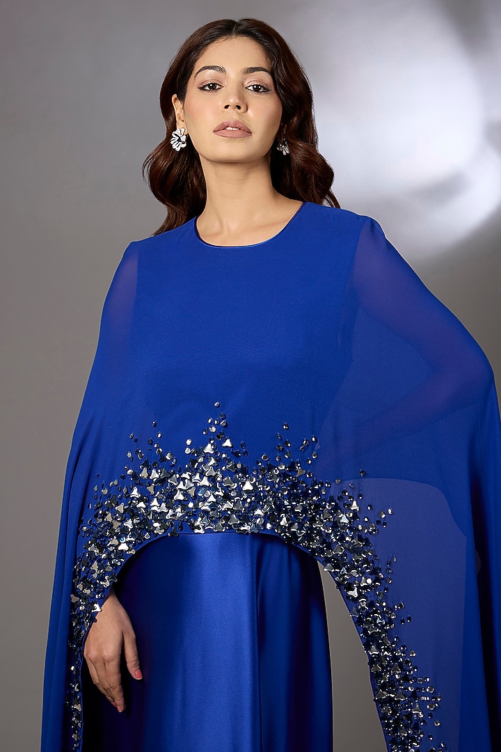 Electric Blue Chiffon Embellished Asymmetrical Party Wear Dress by Rohit Gandhi & Rahul Khanna at Pernia's Pop Up Shop