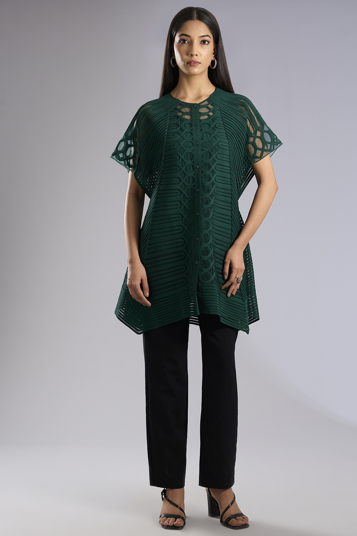 Emerald Green Tulle Asymmetrical Top With Inner by Rohit Gandhi & Rahul Khanna at Pernia's Pop Up Shop