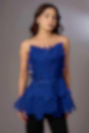 Electric Blue Nylon 3D Embroidered Strapless Top by Rohit Gandhi & Rahul Khanna at Pernia's Pop Up Shop