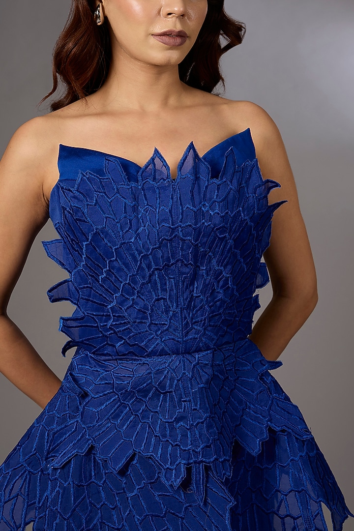 Electric Blue Nylon 3D Embroidered Strapless Top by Rohit Gandhi & Rahul Khanna at Pernia's Pop Up Shop