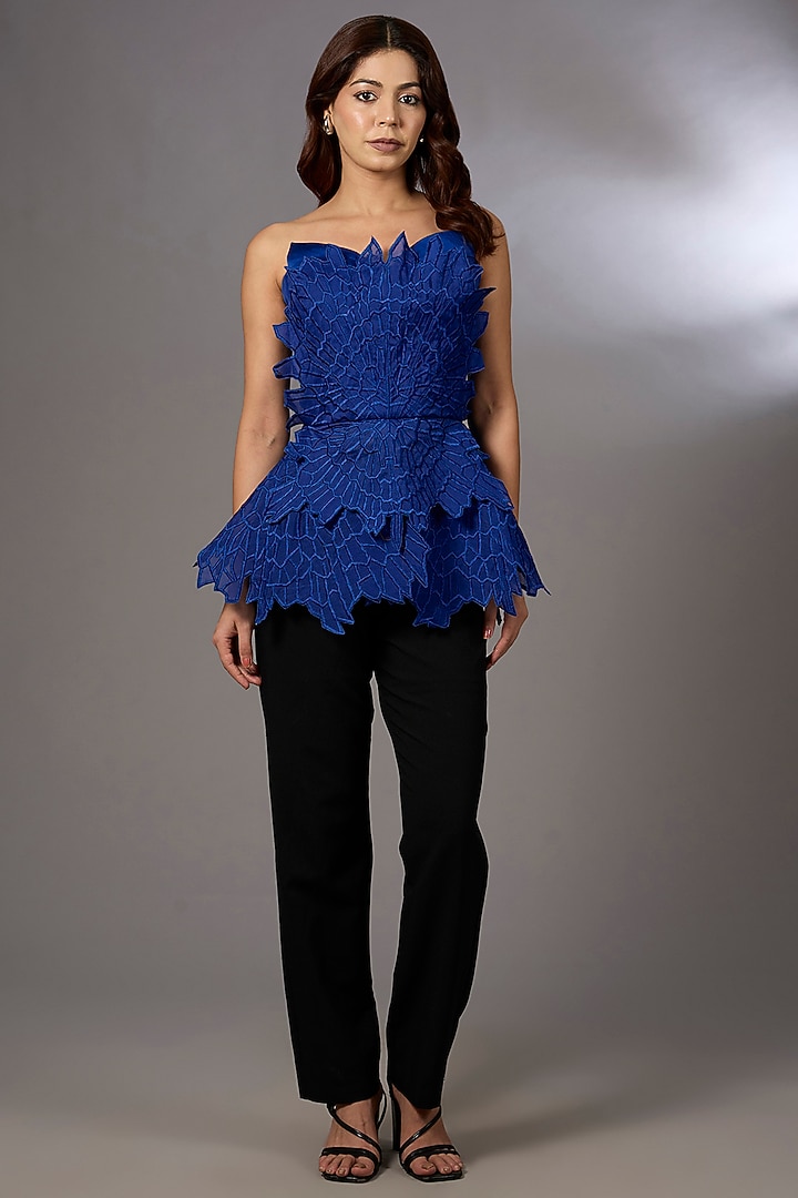 Electric Blue Nylon 3D Embroidered Strapless Top by Rohit Gandhi & Rahul Khanna at Pernia's Pop Up Shop