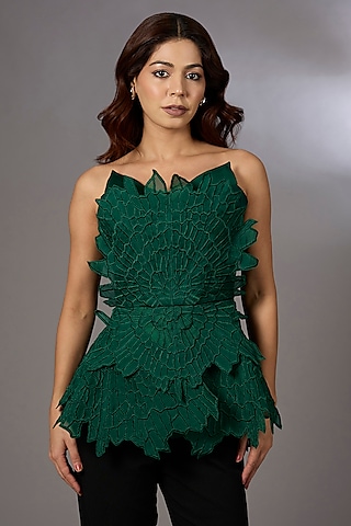Emerald Nylon 3D Embroidered Strapless Top by Rohit Gandhi & Rahul Khanna