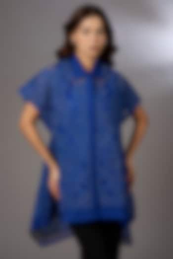 Electric Blue Tulle Floral Embroidered Top by Rohit Gandhi & Rahul Khanna at Pernia's Pop Up Shop