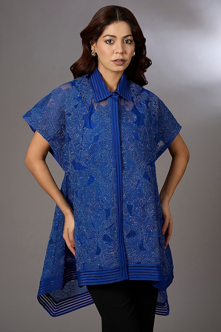 Electric Blue Tulle Floral Embroidered Top by Rohit Gandhi & Rahul Khanna at Pernia's Pop Up Shop