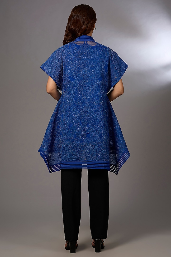 Electric Blue Tulle Floral Embroidered Top by Rohit Gandhi & Rahul Khanna at Pernia's Pop Up Shop