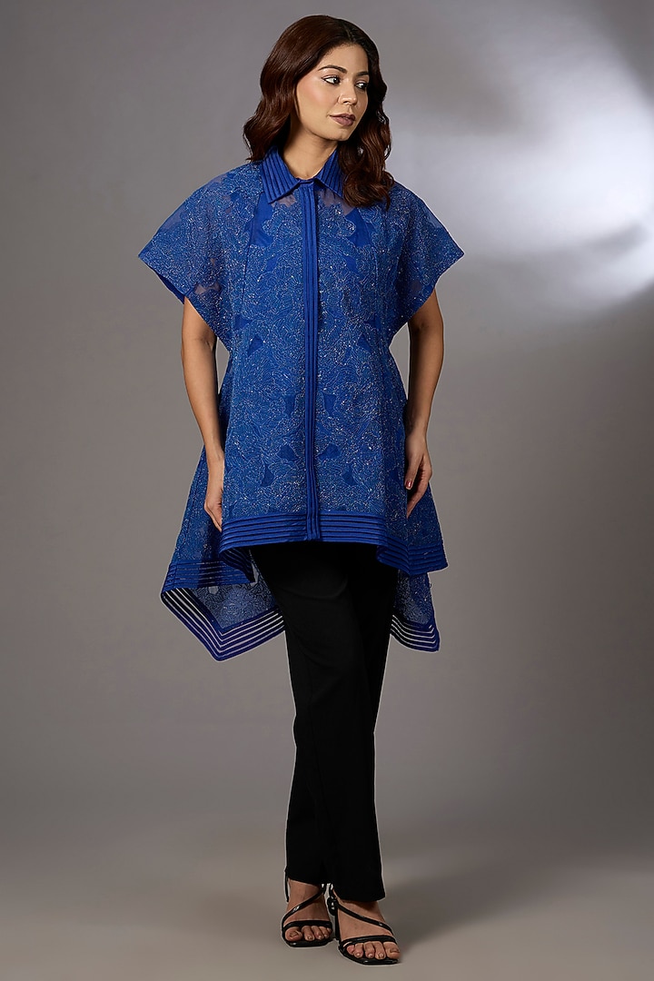 Electric Blue Tulle Floral Embroidered Top by Rohit Gandhi & Rahul Khanna at Pernia's Pop Up Shop