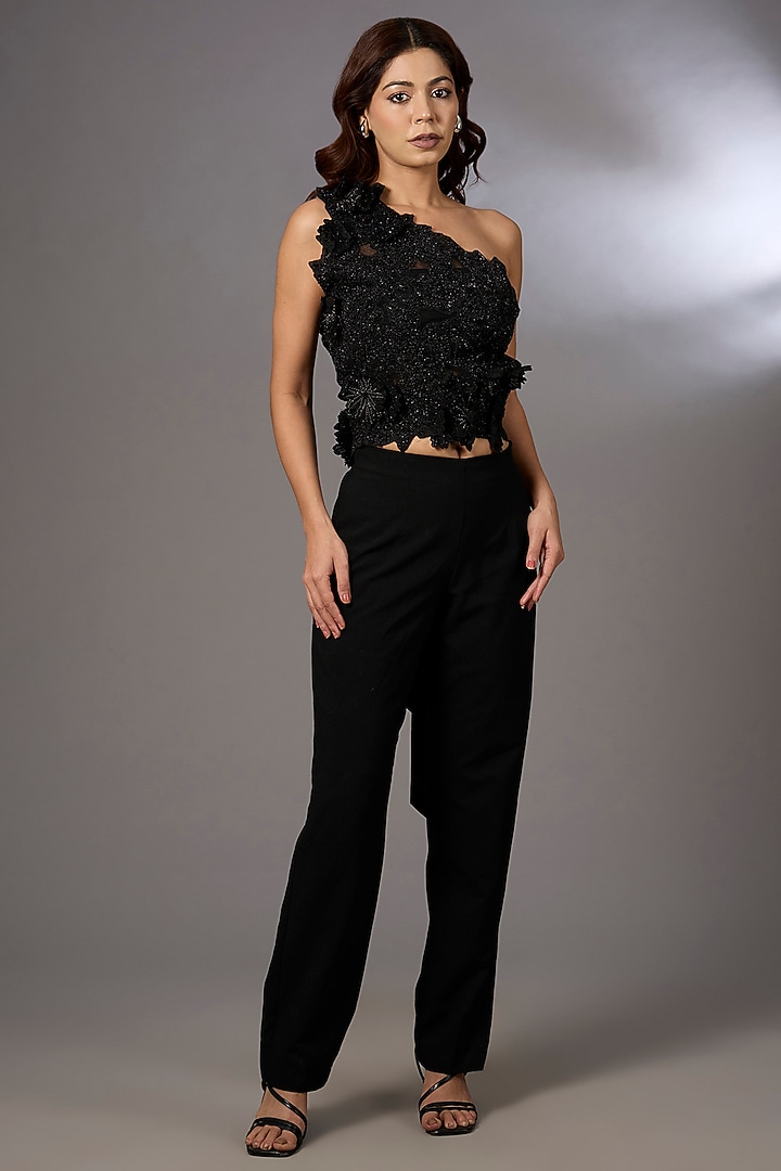 Black Lurex Floral Embroidered Bustier by Rohit Gandhi & Rahul Khanna at Pernia's Pop Up Shop