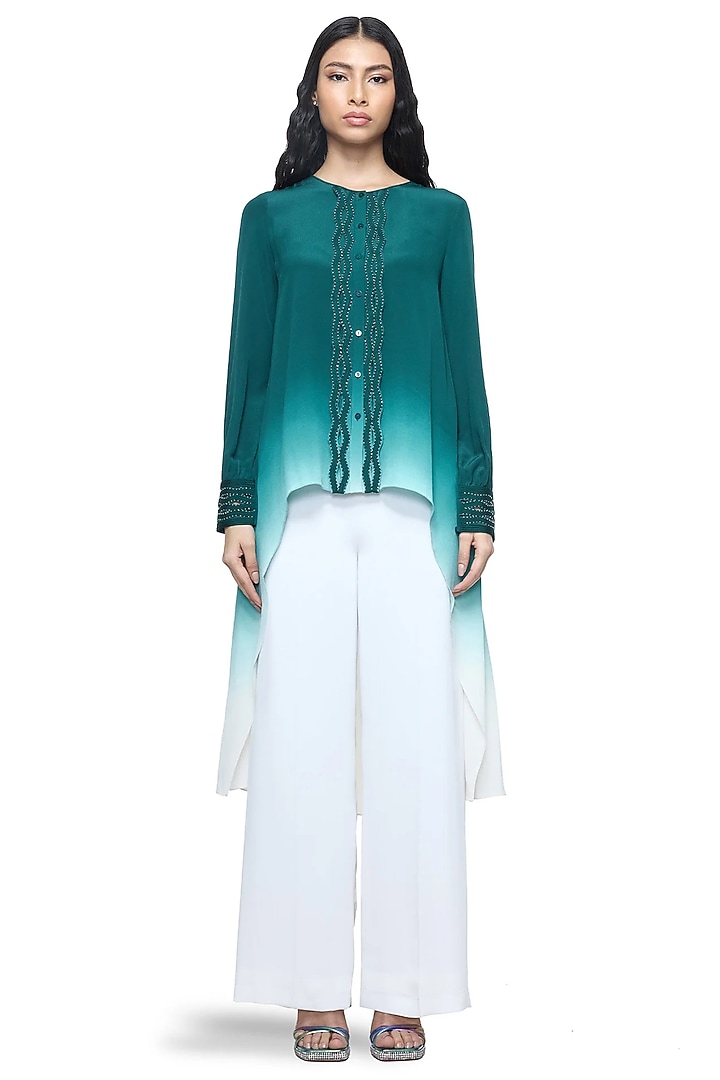Emerald Green Ombre Viscose Crepe Top by Rohit Gandhi & Rahul Khanna at Pernia's Pop Up Shop