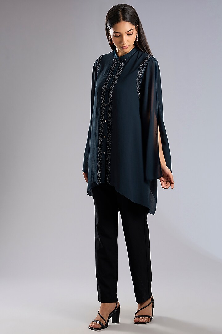 Dark Navy Blue Silk Georgette Embroidered Top by Rohit Gandhi & Rahul Khanna at Pernia's Pop Up Shop