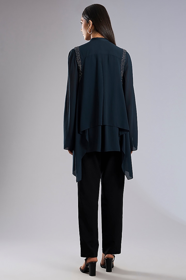 Dark Navy Blue Silk Georgette Embroidered Top by Rohit Gandhi & Rahul Khanna at Pernia's Pop Up Shop