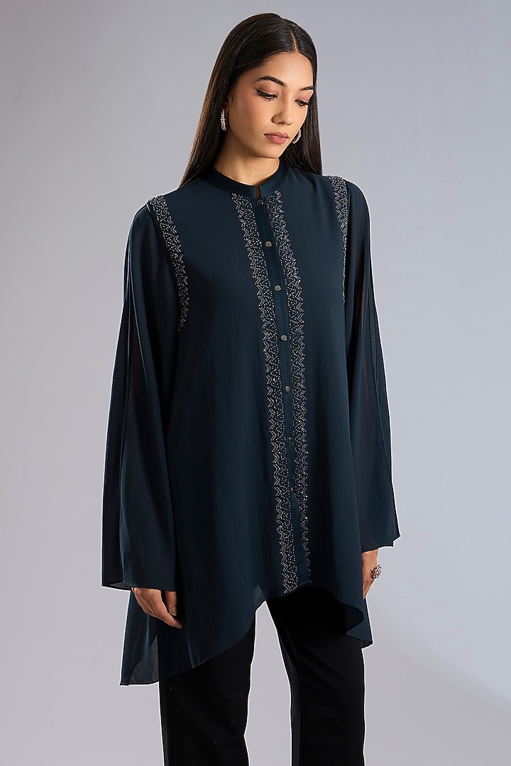 Dark Navy Blue Silk Georgette Embroidered Top by Rohit Gandhi & Rahul Khanna at Pernia's Pop Up Shop