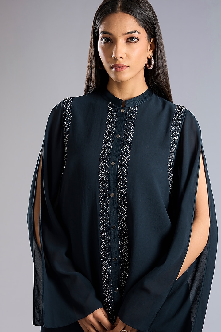 Dark Navy Blue Silk Georgette Embroidered Top by Rohit Gandhi & Rahul Khanna at Pernia's Pop Up Shop