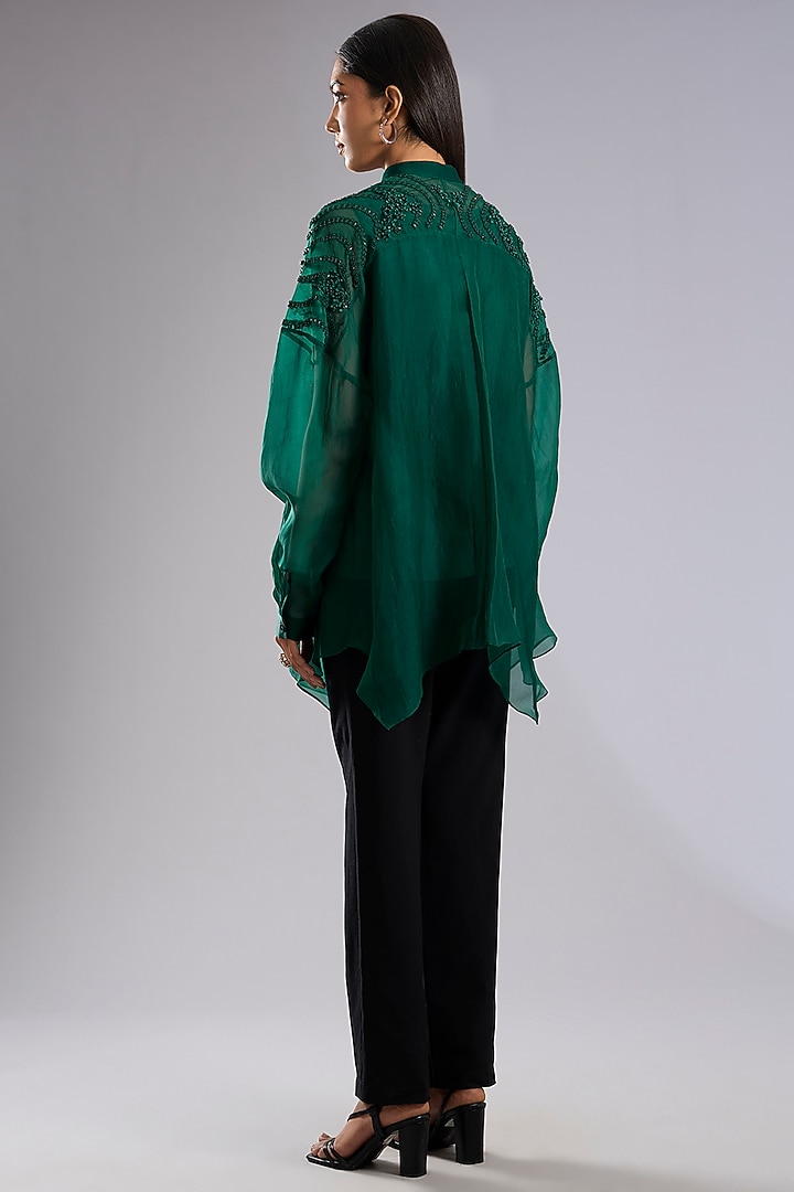 Emerald Green Organza Bead Work Asymmetric Top by Rohit Gandhi & Rahul Khanna at Pernia's Pop Up Shop