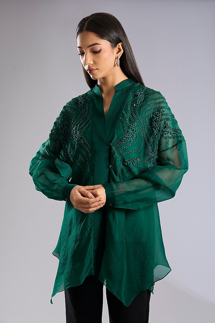 Emerald Green Organza Bead Work Asymmetric Top by Rohit Gandhi & Rahul Khanna at Pernia's Pop Up Shop