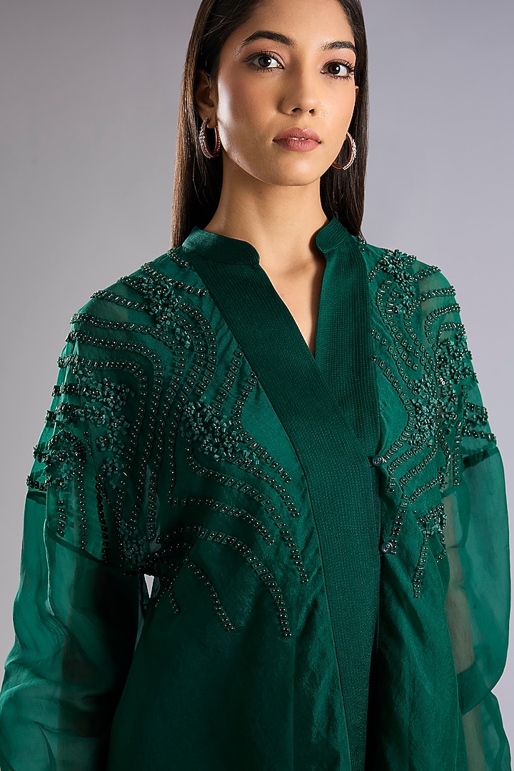 Emerald Green Organza Bead Work Asymmetric Top by Rohit Gandhi & Rahul Khanna at Pernia's Pop Up Shop