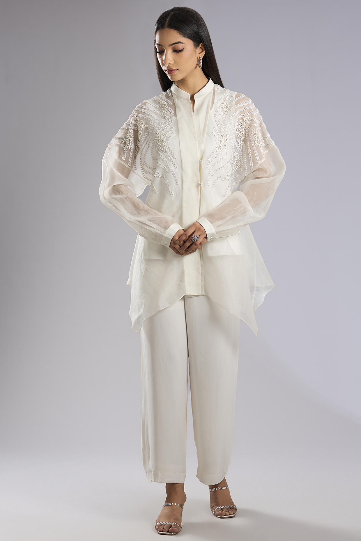 Ivory Organza Bead Work Asymmetric Top by Rohit Gandhi & Rahul Khanna at Pernia's Pop Up Shop