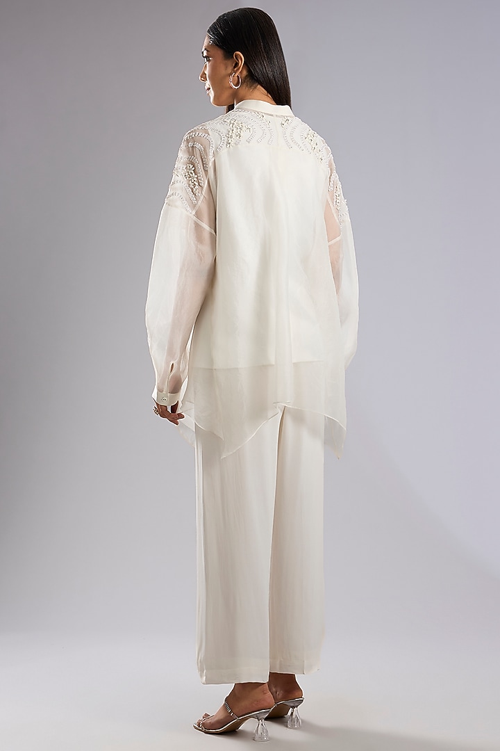 Ivory Organza Bead Work Asymmetric Top by Rohit Gandhi & Rahul Khanna at Pernia's Pop Up Shop