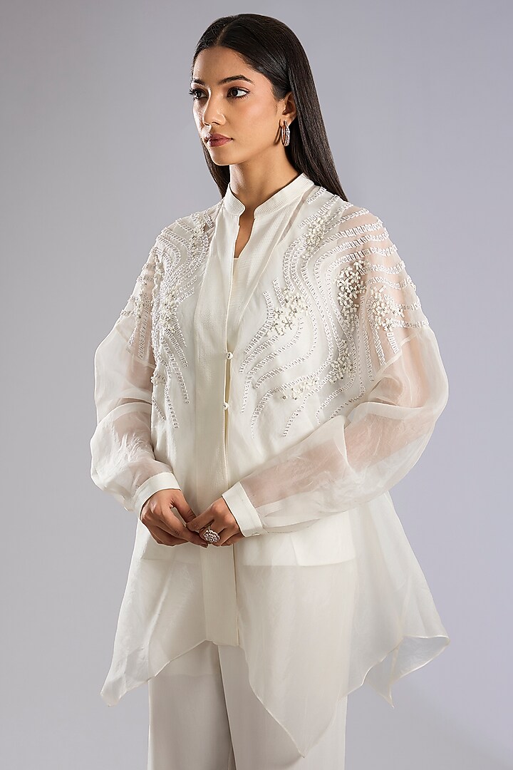 Ivory Organza Bead Work Asymmetric Top by Rohit Gandhi & Rahul Khanna at Pernia's Pop Up Shop
