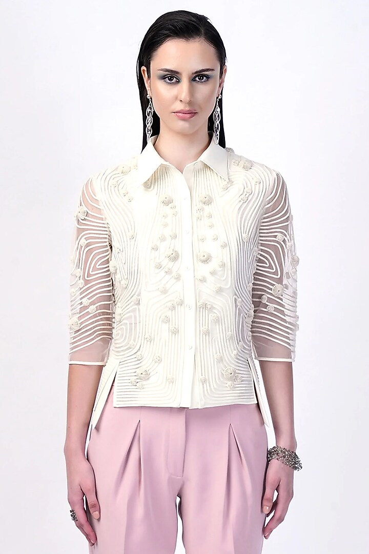 Ivory Tulle Hand Embroidered Top by Rohit Gandhi & Rahul Khanna at Pernia's Pop Up Shop