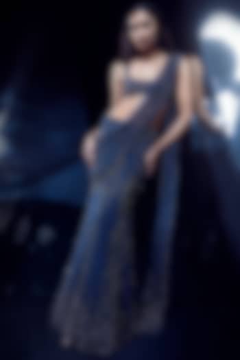 Steel Grey Tulle Crystal & Sequin Embellished Pre-Draped Bridal Saree Set by Rohit Gandhi & Rahul Khanna at Pernia's Pop Up Shop