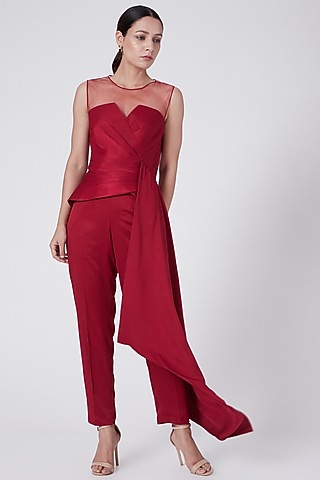 Red Asymmetrical Draped Top by Rohit Gandhi & Rahul Khanna